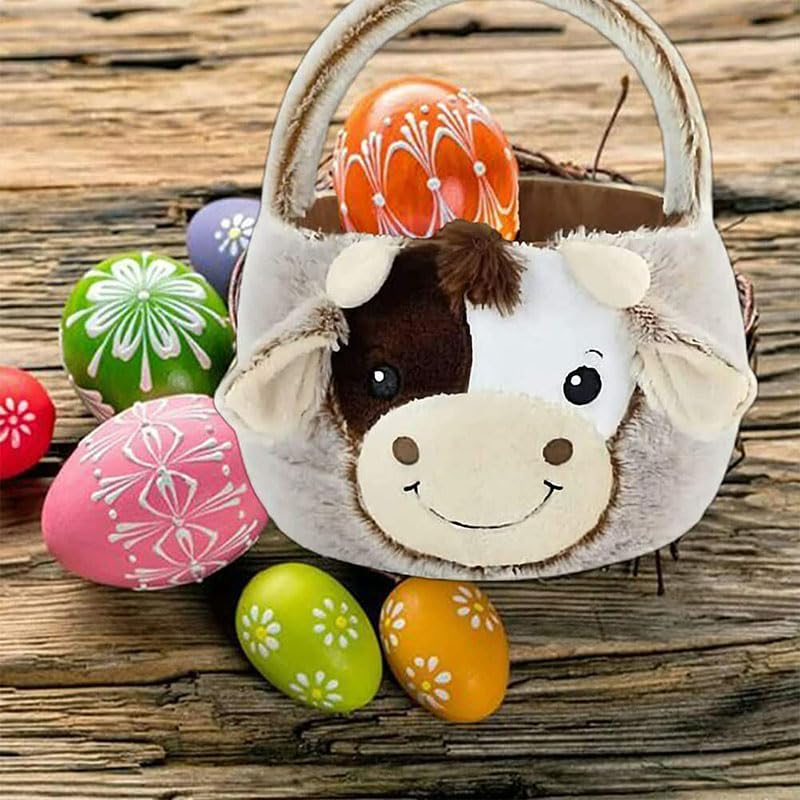 Seyurigaoka Cow Easter Basket Cute Eggs Hunting Easter Bags Buckets Candy Gifts Storage for Kids Girls Boys (Cute Cow, One Size)