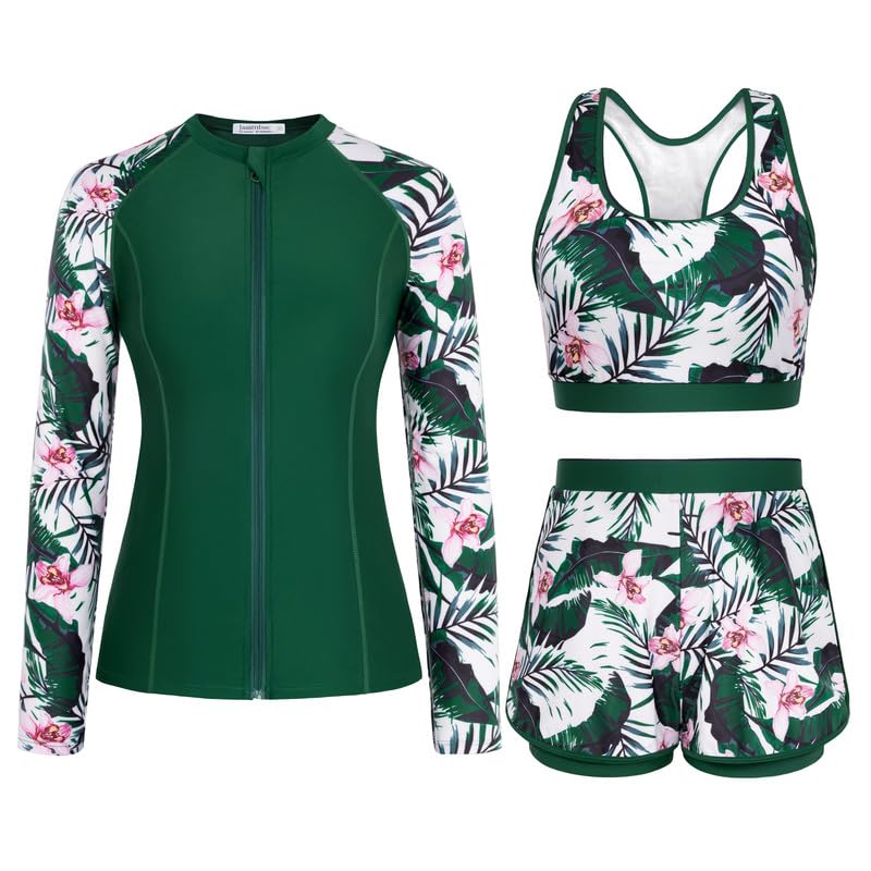 JASAMBAC 3-Teiliger Rash Guard Set Badeanzug Damen Bauchweg Langarm Badeshirts Bikini Oberteil Und High Waist Badeshorts Reißverschluss Bademode Surfanzug Sport Schwimmanzug