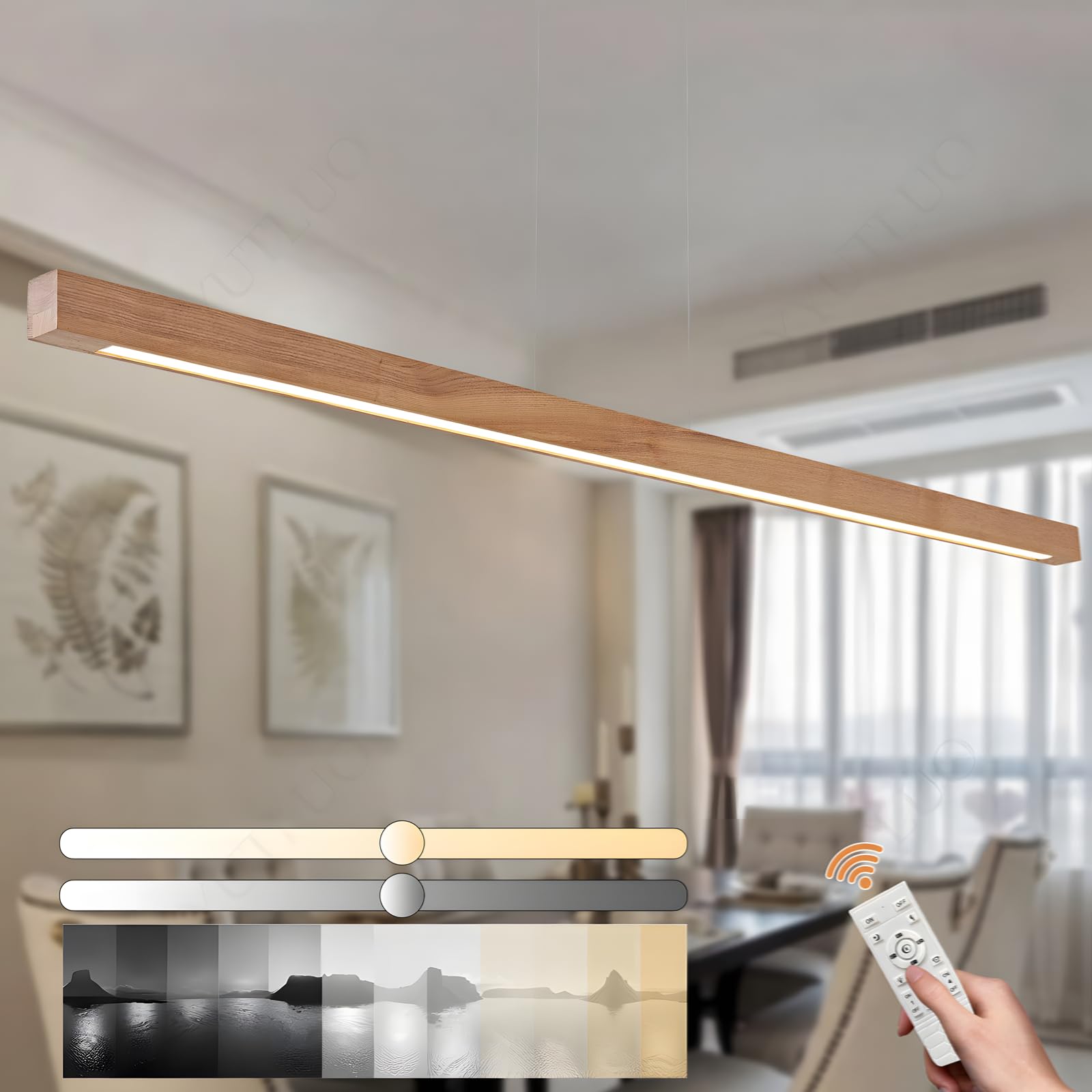 YYUTLUO Cuboid Wood Linear Chandelier, Dimmable Light with Remote Control, Hanging Cord 150cm Adjustable, LED Modern Minimalist Design, Living Room Office Dining Room Kitchen (Wood Color 120cm)