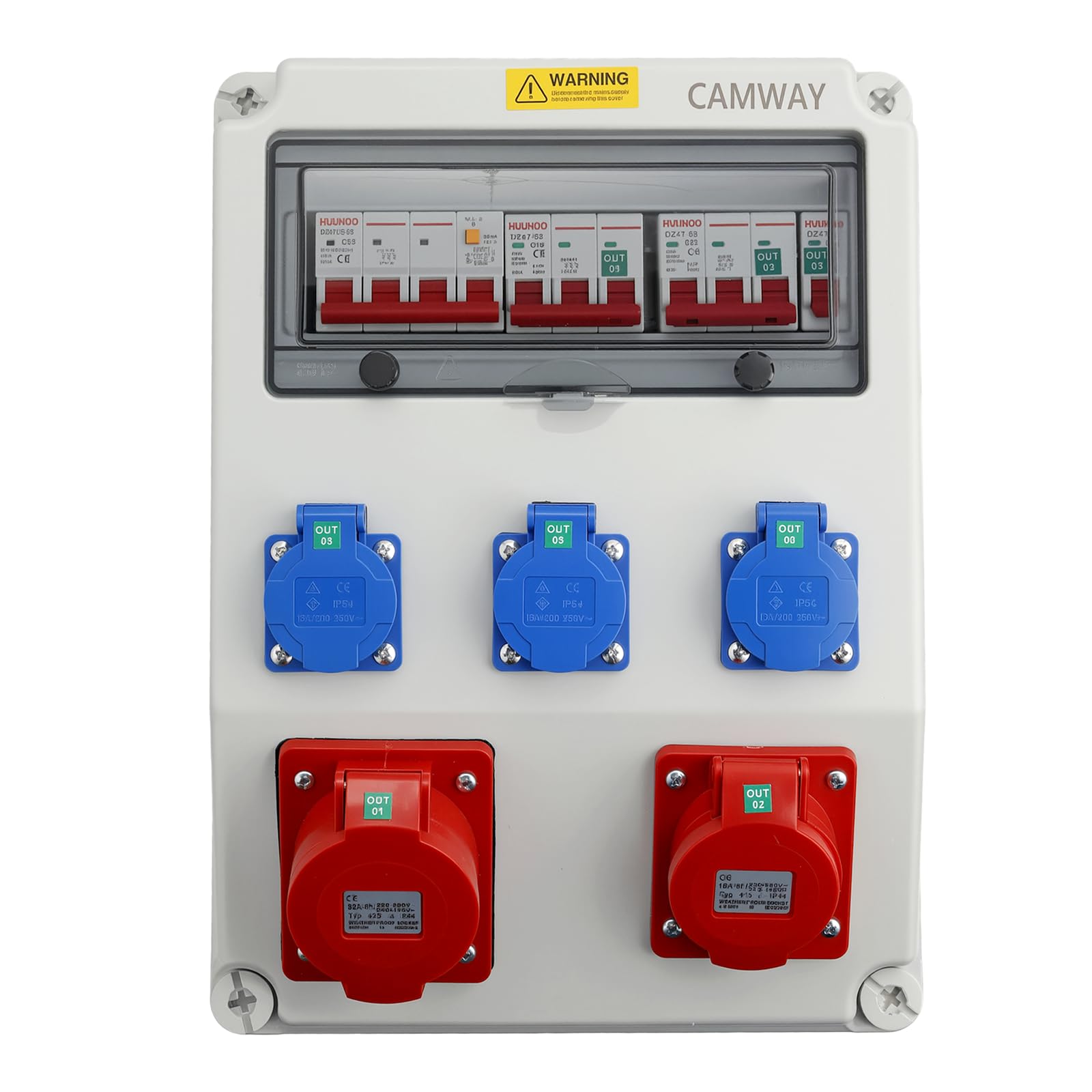 CAMWAY Baustromverteiler, Stromverteiler mit LS+FI, 3x 230V Schuko, 1x 16A/32A CEE- Steckdosen Professionelle Verdrahtung, IP66 Wasserdicht, Robuste ABS Verteiler für Innen & Außen Baustellen Garagen