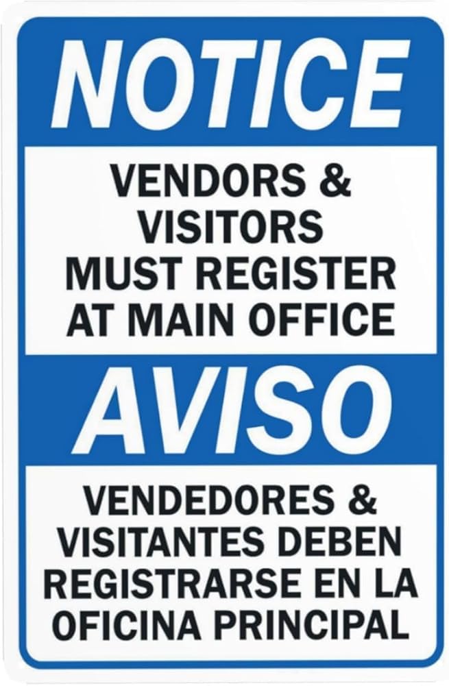 Notice Must Register At Main Office Warning Sign Visitor Security Metal Signs For Business Home Outdoor Indoor Road Yard Garage Street Wall Safety Caution Decor Gift For Women Men 8x12 Inch