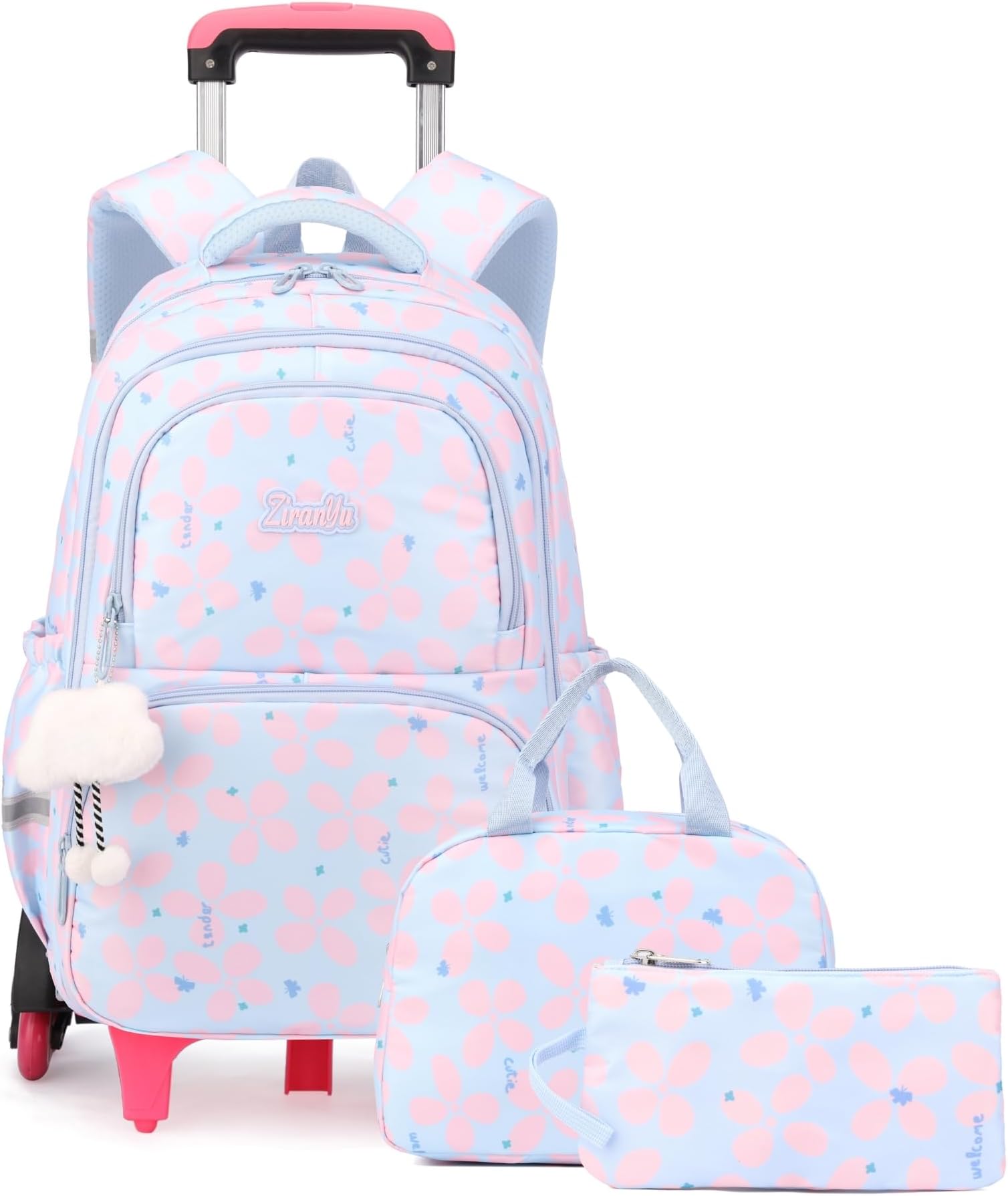 3Pcs Girls Rolling Backpack for Kids School, Lucky Leaf School Bag Girls Roller Backpack with 6 Wheels, Blue+pink