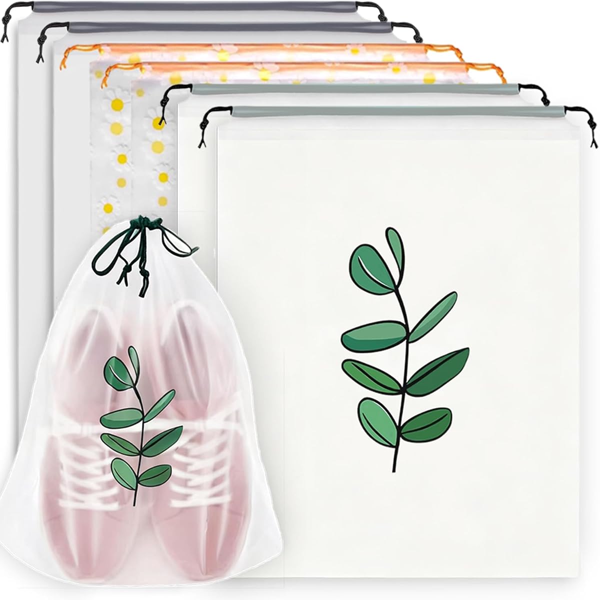 Clear Shoe Bags for Travel 15.7” x 11.8”, 3 Pattern Design Travel Shoe Bags, Drawstring Shoe Travel Bags for Packing and Storage, Waterproof & Dustproof (6PCS)