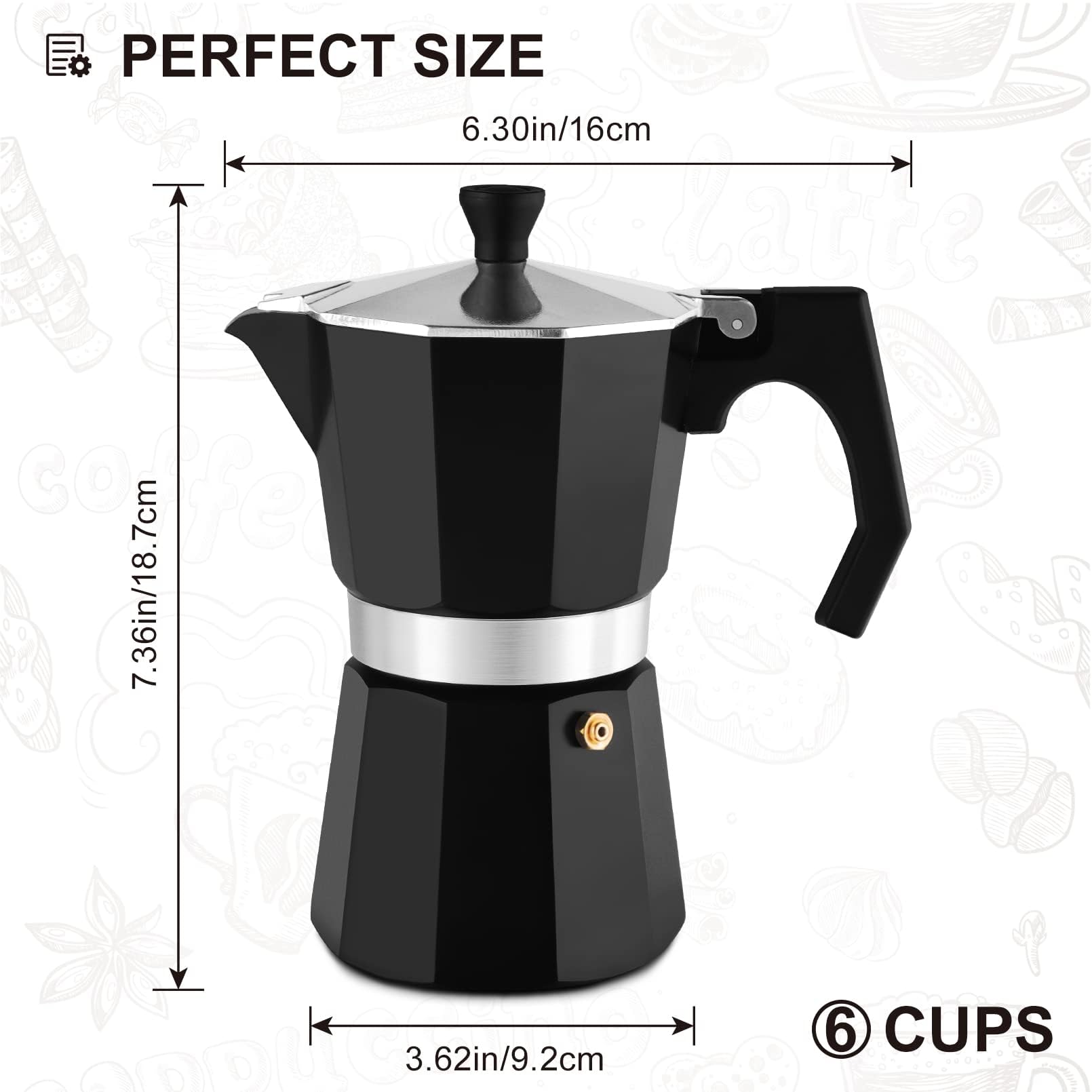 wedrink Moka pot Coffee Makers 6 Cups,Aluminum Stovetop Espresso Maker Coffee Percolator Moka Pot Caffettiera 300ml(Black) - Image 2