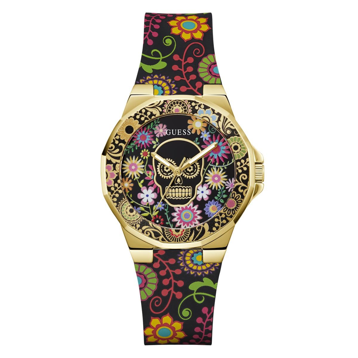 Guess Reloj analógico de Cuarzo para Mujer con Correa de Silicona GW0754L1, Negro, Día de los Muertos