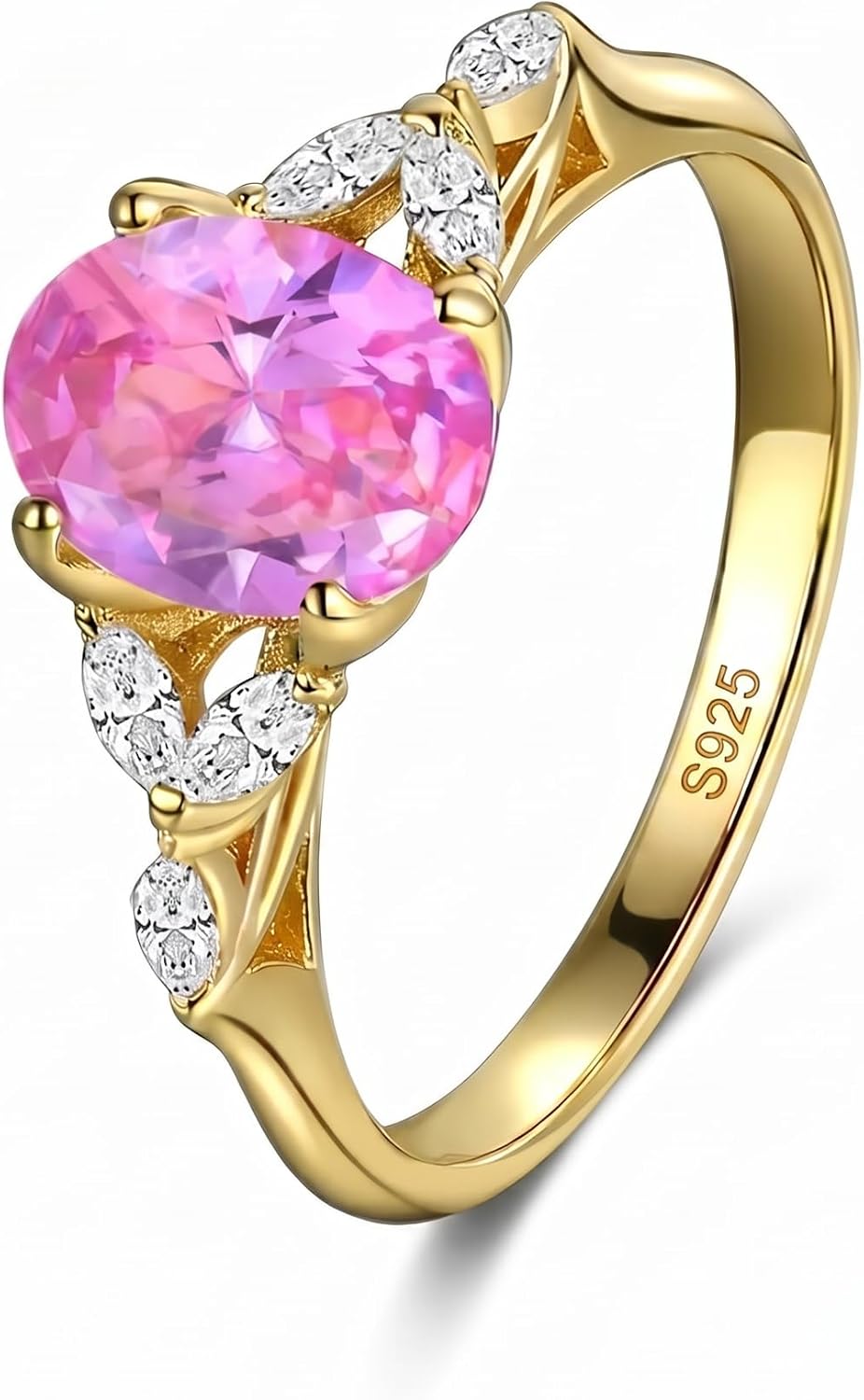 S925 Sterling Silver 18k Gold-plated Wedding Engagement Ring Pink Oval 0.6x0.8cm Main Stone Niche Light Luxury Versatile Women's Ring Valentine's Day Gift, Size 6-8