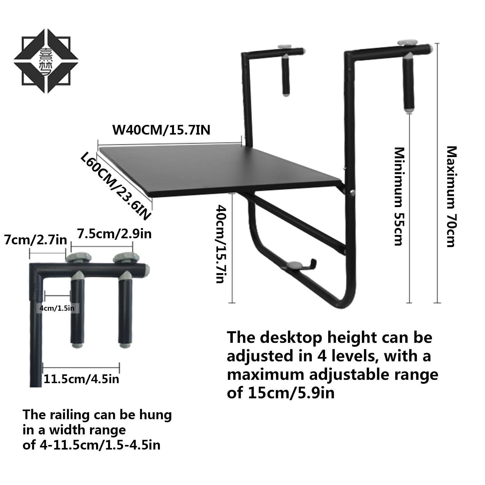 Table de Balcon Suspendue en métal,Table Suspendue for Balustrade de Balcon,Table Suspendue for Balustrade de Balcon,Table de Balcon multifonctionnelle,Capacité portante 15kg(Black)