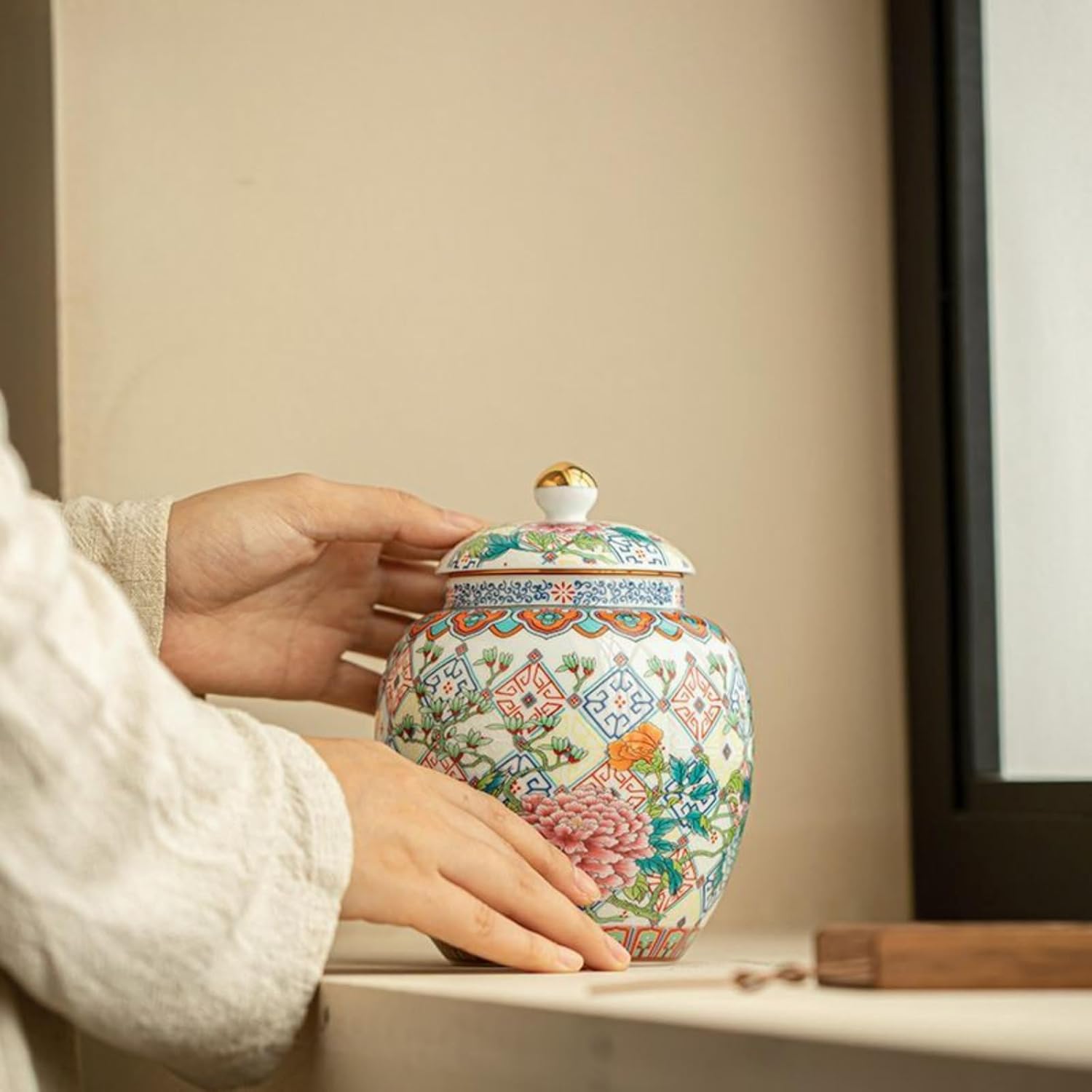 Antique-style Peony Enamel Colors Tea Canister, 850ml 28.9oz, Ceramics Sealed Jar Home Tea Set Accessories