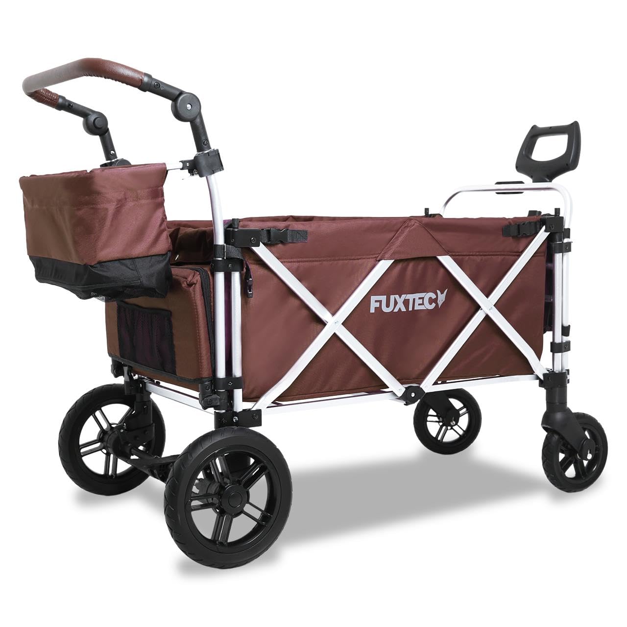 FUXTEC Bollerwagen faltbar FX-CTL950 Braun mit Dach - Transportwagen klappbar | Hecktasche, Komfort-Schiebegriff & Innenraumverlängerung | 5-Punkt-Gurt | Handwagen/Leiterwagen – Das Original