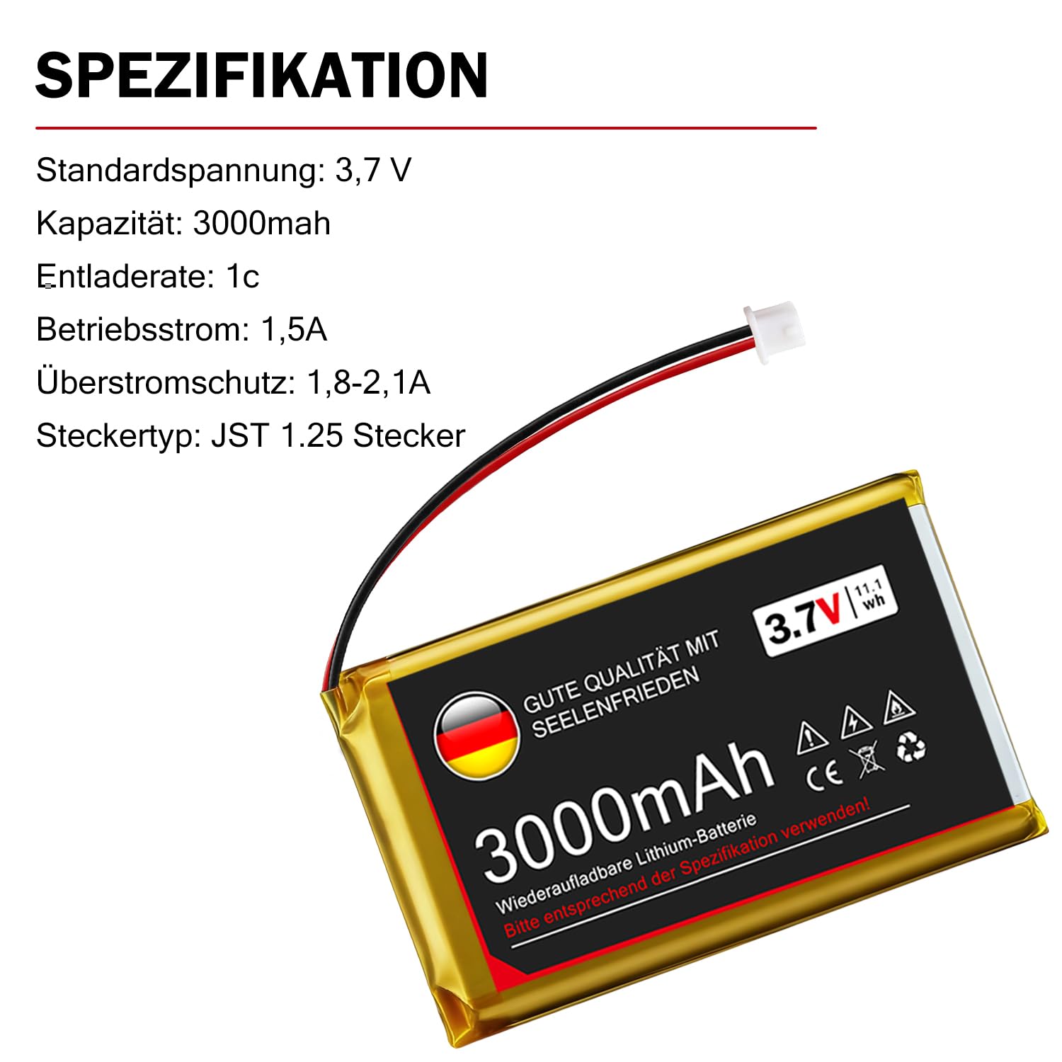 Batería de Litio de 3,7 V y 3000 mAh, 1S, 1C, LiPo con Placa de protección y Conector Micro JST 1.25 para Placa de Desarrollo Arduino Node MCU ESP32 (2 Piezas)