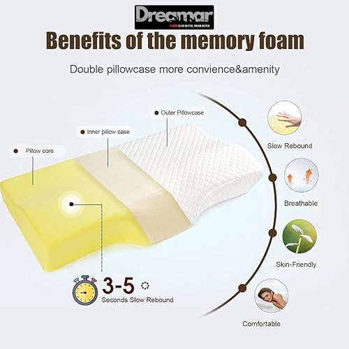 Miniatura 3 de Dreamar Almohada ortopédica de espuma viscoelástica de contorno, 24  x 14  x 5  (tamaño queen), blanco, 1 pieza, almohada de apoyo para lado