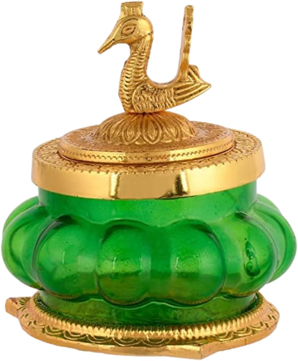 Kubera Lakshmi Pot | Money Pot | Pooja Articles | For Wealth & Success | Toughned Green Glass | Peacock Design (Green)