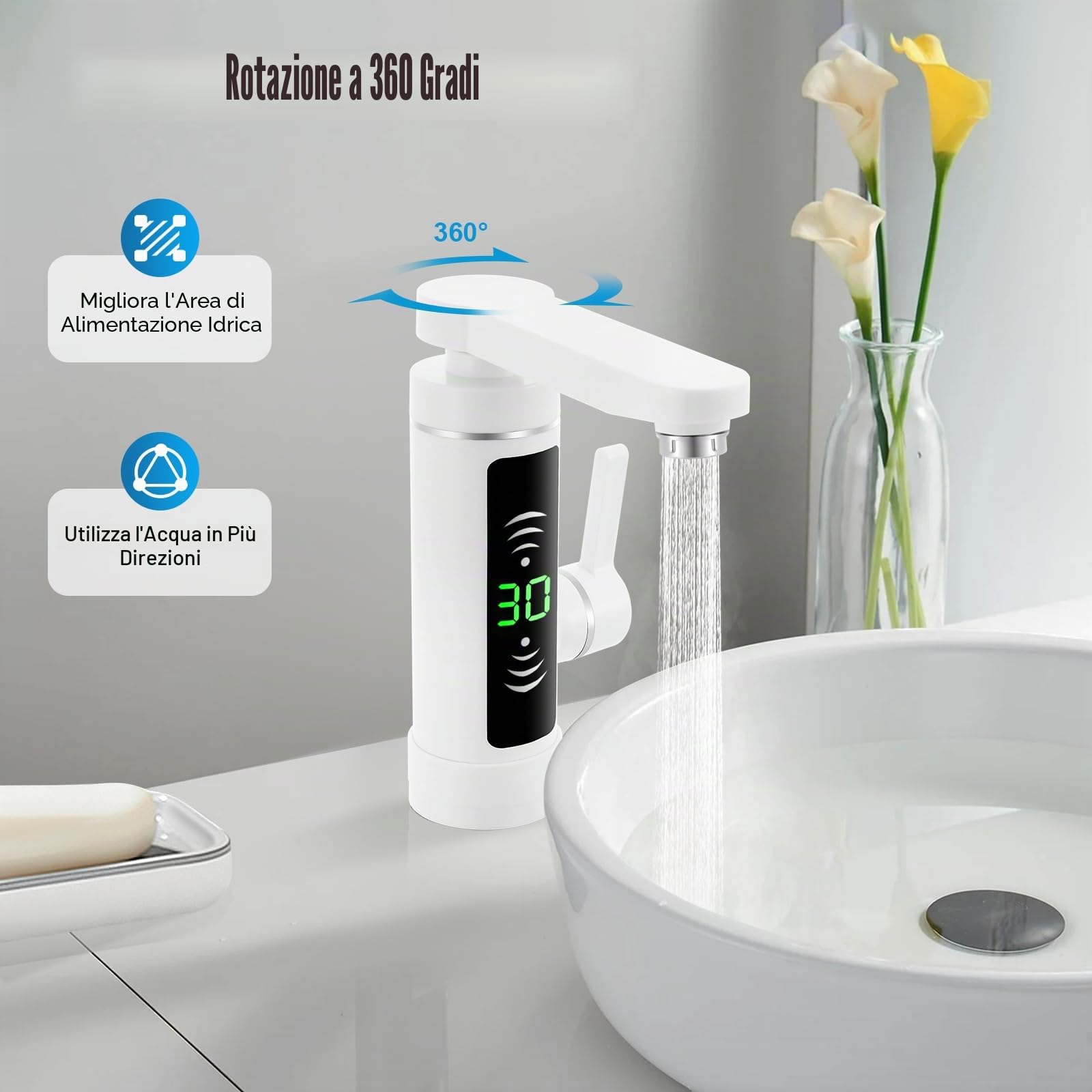 MINRS Rubinetto con scaldabagno istantaneo Rubinetto elettrico con indicatore di temperatura a LED, 3 secondi, riscaldamento rapido elettrico per casa, hotel, ristorante e altri luoghi