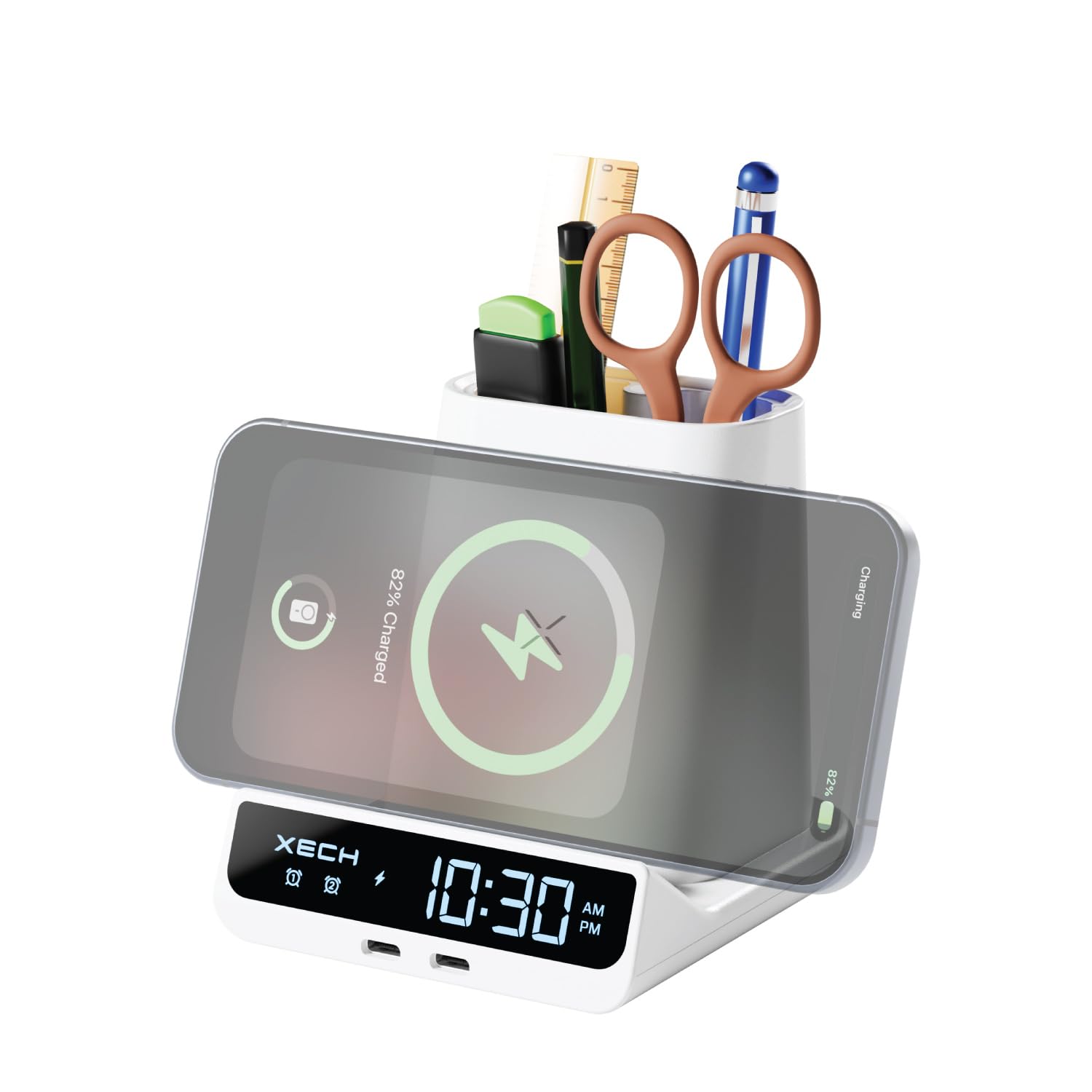 Xech Digital Alarm Clock for Heavy Sleepers | 15W Fast Wireless Charger & Dual USB-C Output Ports | Type-C Wired Input | Secret Santa Gifts for Office Colleagues | Made in India (White, Quest Max)-image-36