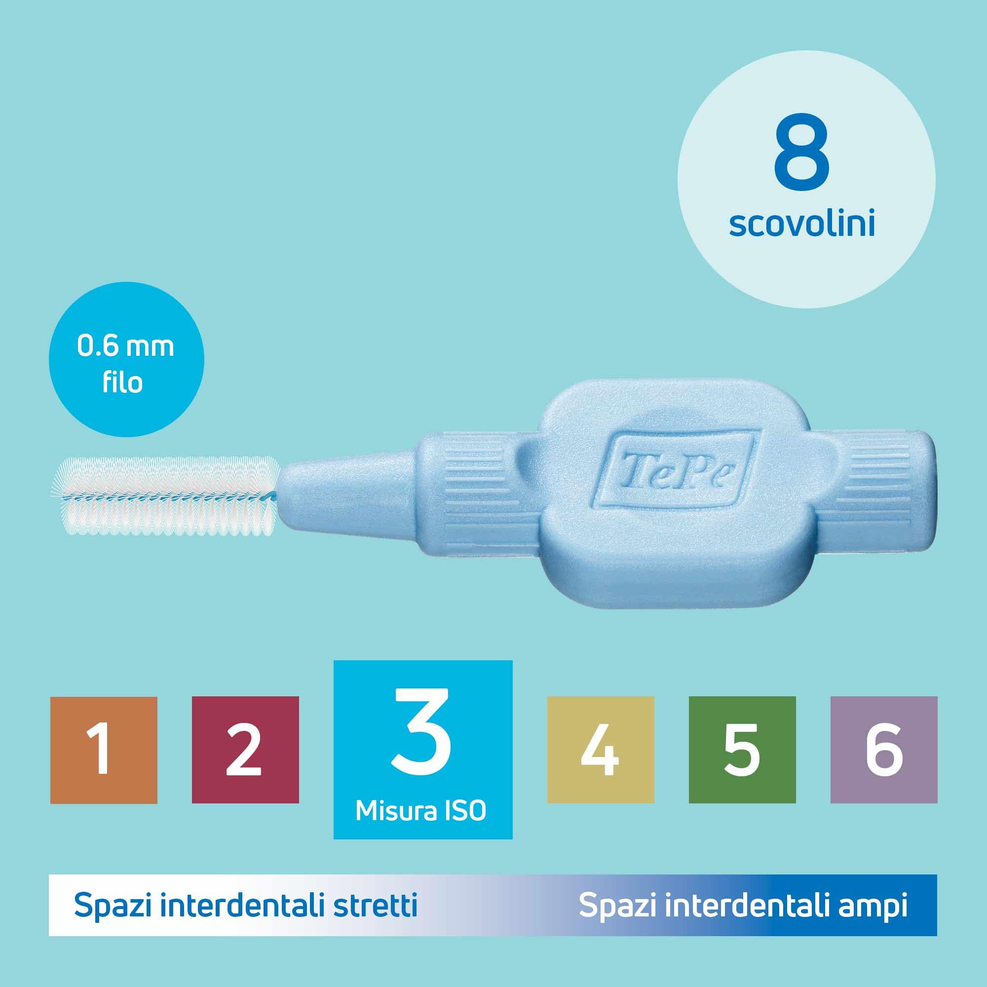 Scovolino TePe, Extra Soft, Blu, 0.6mm/ISO 3, 8pz, rimozione placca, pulizia interdentale efficace, per spazi medi