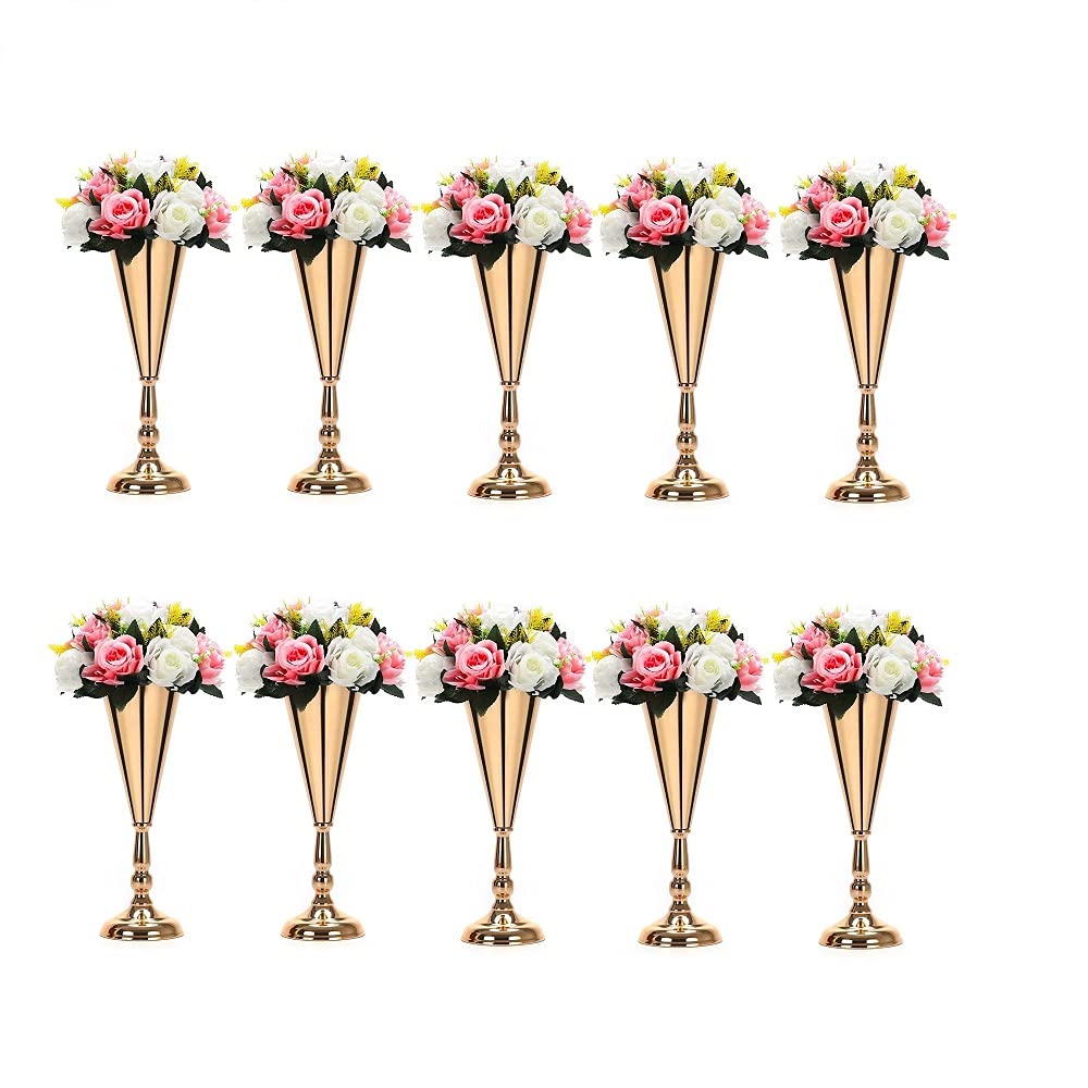 LANLONG10pcs Tabletop Metal Wedding Flower Trumpet VaseWedding Centerpiece Flower Vase for Wedding Event Decoration Living Decor Party Decor (Gold, 10×M)