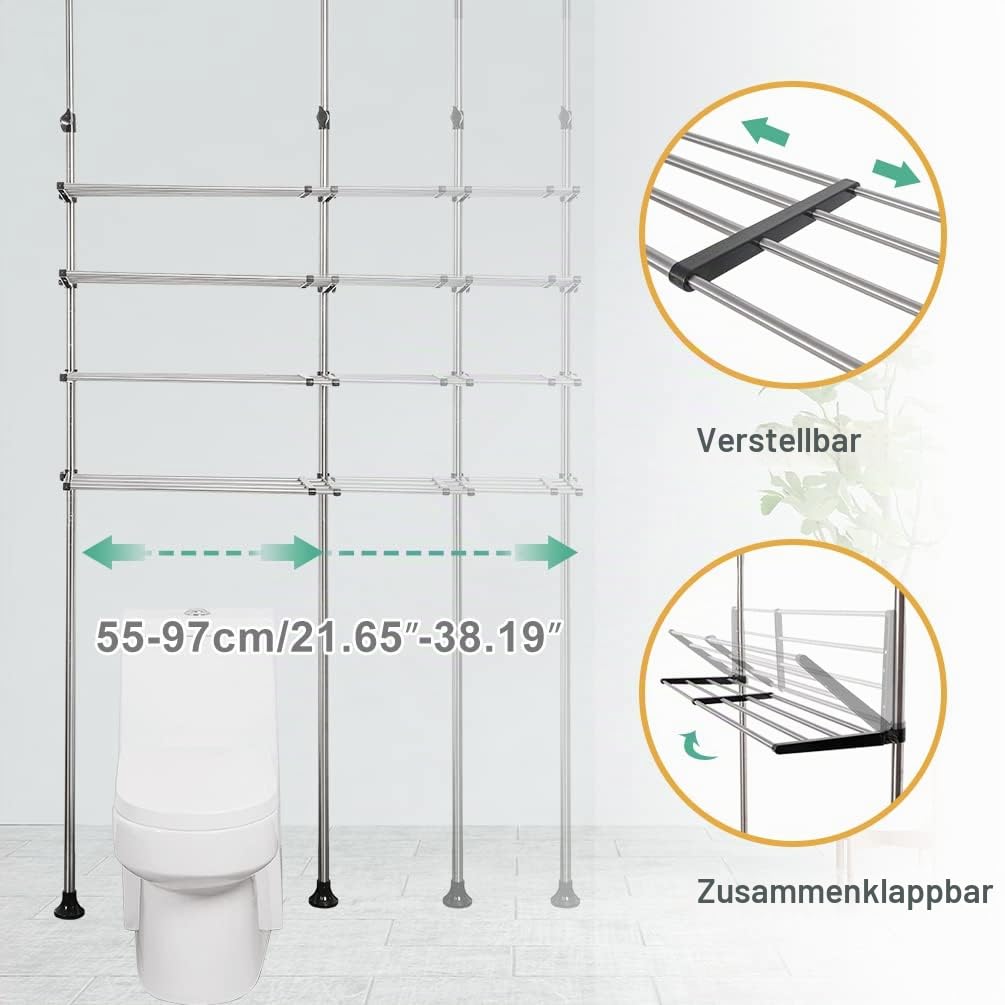 BAOYOUNI Teleskop Badregal mit 4 Ablagen Regal über der Waschmaschine oder Toilette WC ohne Bohren Badezimmerregal Teleskopregal aus Metall, Höhen und Breite Verstellbares, Schwarz