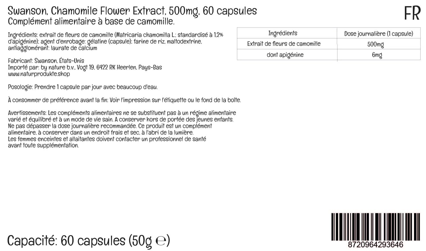 Swanson, Chamomille Flower Extract (Extracto de Flor de Manzanilla), 500mg, Alta Dosificación, 60 Cápsulas, Testado en Laboratorio, Sin Soja, Sin Gluten, No GMO