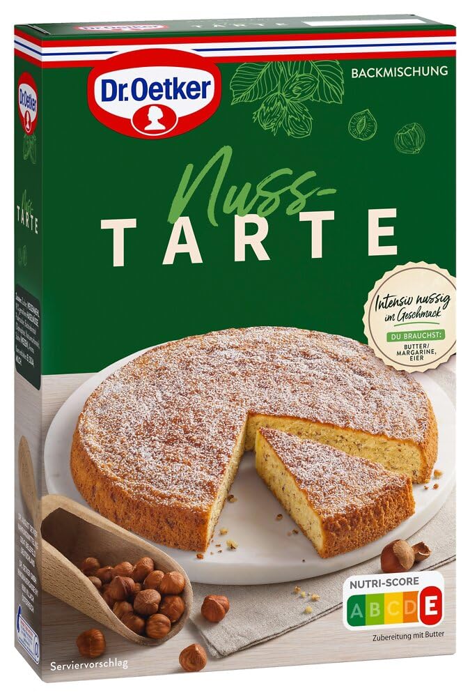 Dr. Oetker Nuss Tarte, 4 x 380 g, Kuchen-Backmischung für eine intensive, nussige Tarte, einfacher & gelingsicherer Nusskuchen