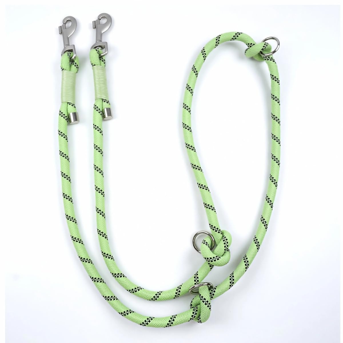 PODAPUCL Double Dog Lead for 2 Dogs, 2m Heavy Duty Rope Leash with Screw-Fixed Metal Caps, No Tangle 360° Swivel & Reflective Nylon for Walking Two Large Medium Dogs, 1.0cm Thick, Black+Green
