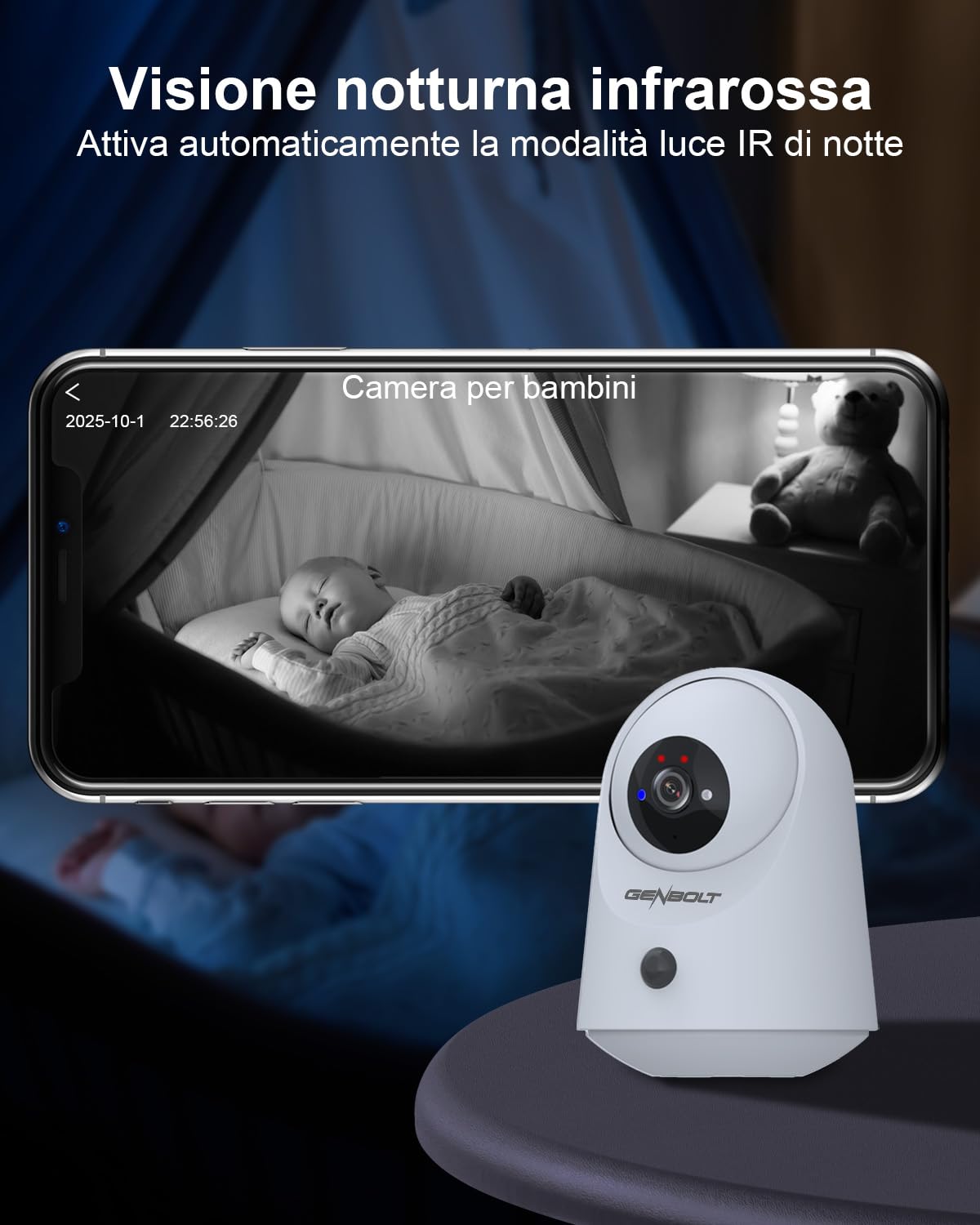GENBOLT 2K Telecamera WiFi interna di sicurezza, telecamera IP domestici | Telecamera di videosorveglianza wireless CCTV a 2,4/5,8 GHz, alimentata a batteria da 5000 mAh, con rilevamento PIR