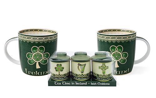 Royal Tara Juego de 1 organizador de té con emblemas irlandeses de 0.71 oz, juego de té de lata y 1 taza de té de Irlanda, juego de 2 tazas New Bone
