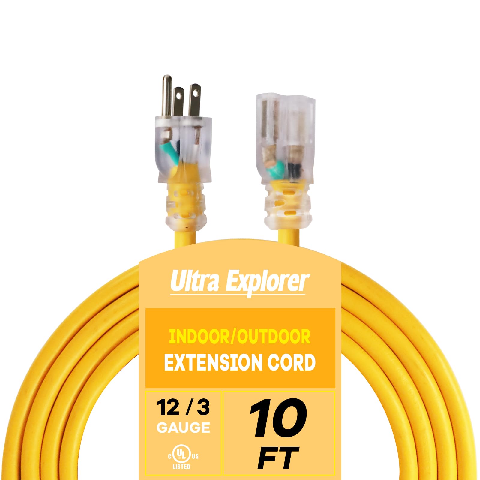 Ultra Explorer Indoor Extension Cord Waterproof 10 FT, 12 Gauge Heavy Duty Yellow Extension Cord SJTW, Flexible Cold-Resistant 3 Prong Grounded Power