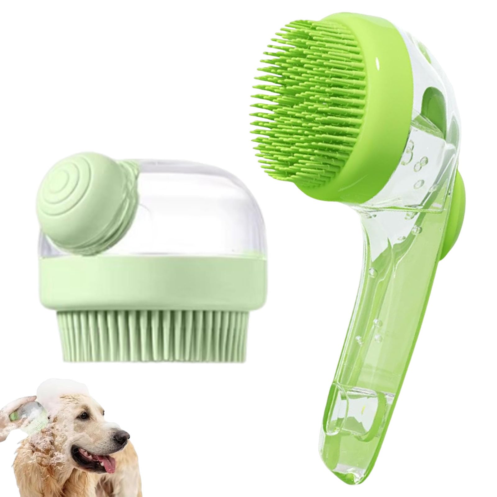Pet Bath Brush for Dogs, Dog Shampoo Brush with Dispenser, Washing Brush for Bath Time, Long Handle and Round Design, Green Bath Accessories, 19 x 8.5 cm and 8.5 x 7 cm