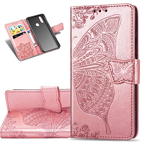 per Samsung Galaxy A20S Custodia Slim Chiusura Magnetica Retro PU Folio Filp Portafoglio a Fogli Mobili con Slot per Schede per A20S Flower Butterfly Rose Gold SD