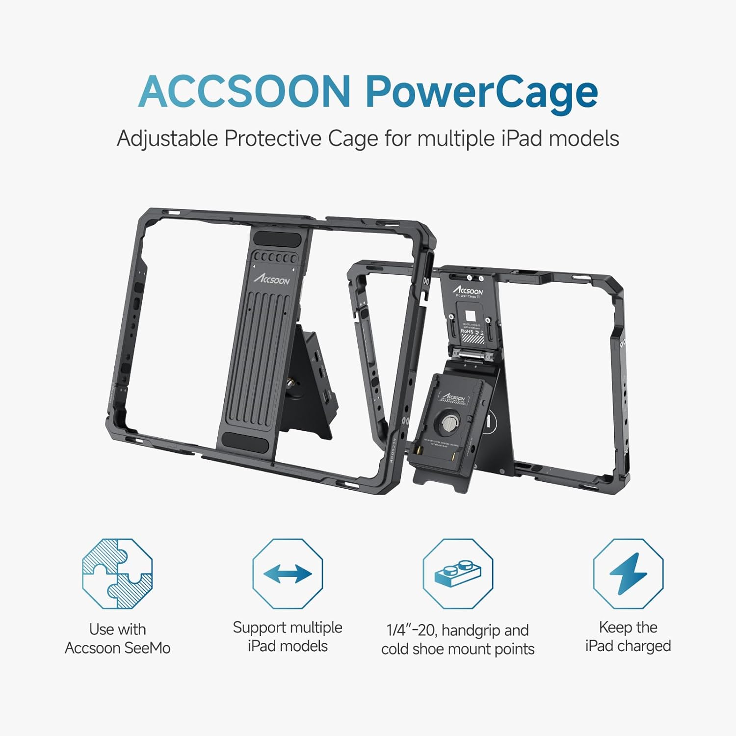 Accsoon PowerCage Pro Ⅱ Monitor Cage for iPad Pro 12.9inch- iPad Pro 3rd Gen2018, 4th Gen 2020, 5th Gen 2021, 6th Gen 2022, 2024, Air 6/7 with NP-F Battery Plate Adapter, Use with SeeMo/SeeMo Pro/Nano