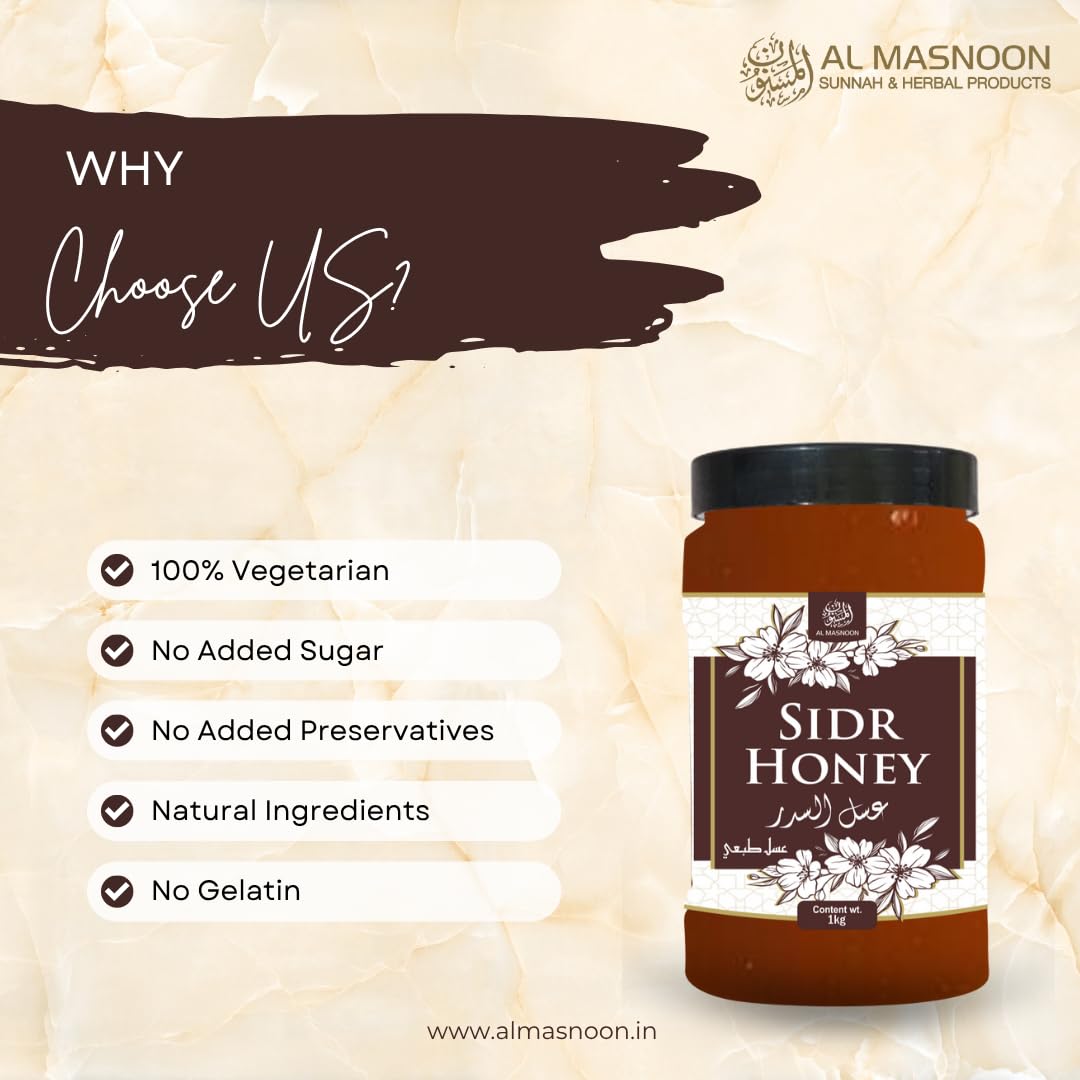 AL MASNOON Sidr Honey 1kg / Pure & Natural Wild Beri Honey | Raw Unprocessed Honey from Sidr Trees | Immunity Booster | Ayurvedic | No Additives or Preservatives | Pack of 1