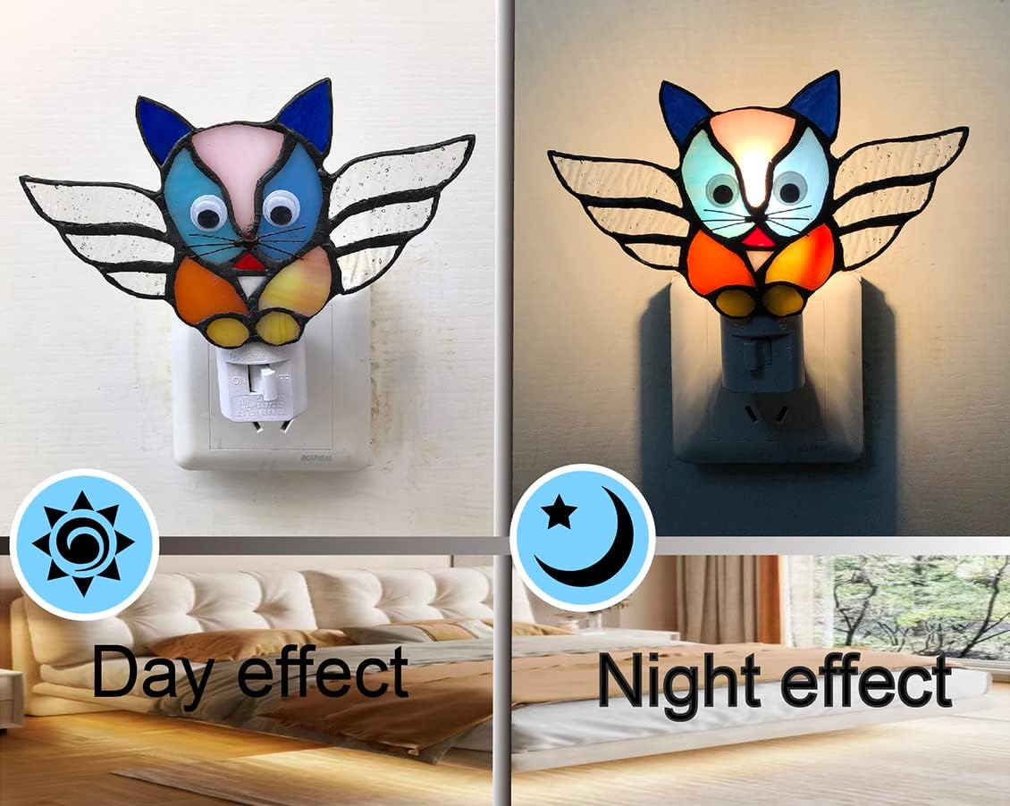 Stained Glass Kitten Night Light, pet Commemorative Gift, Angel cat Night Light, Bedside Light, Corridor Light, Plug-in The Wall (DYM9005)
