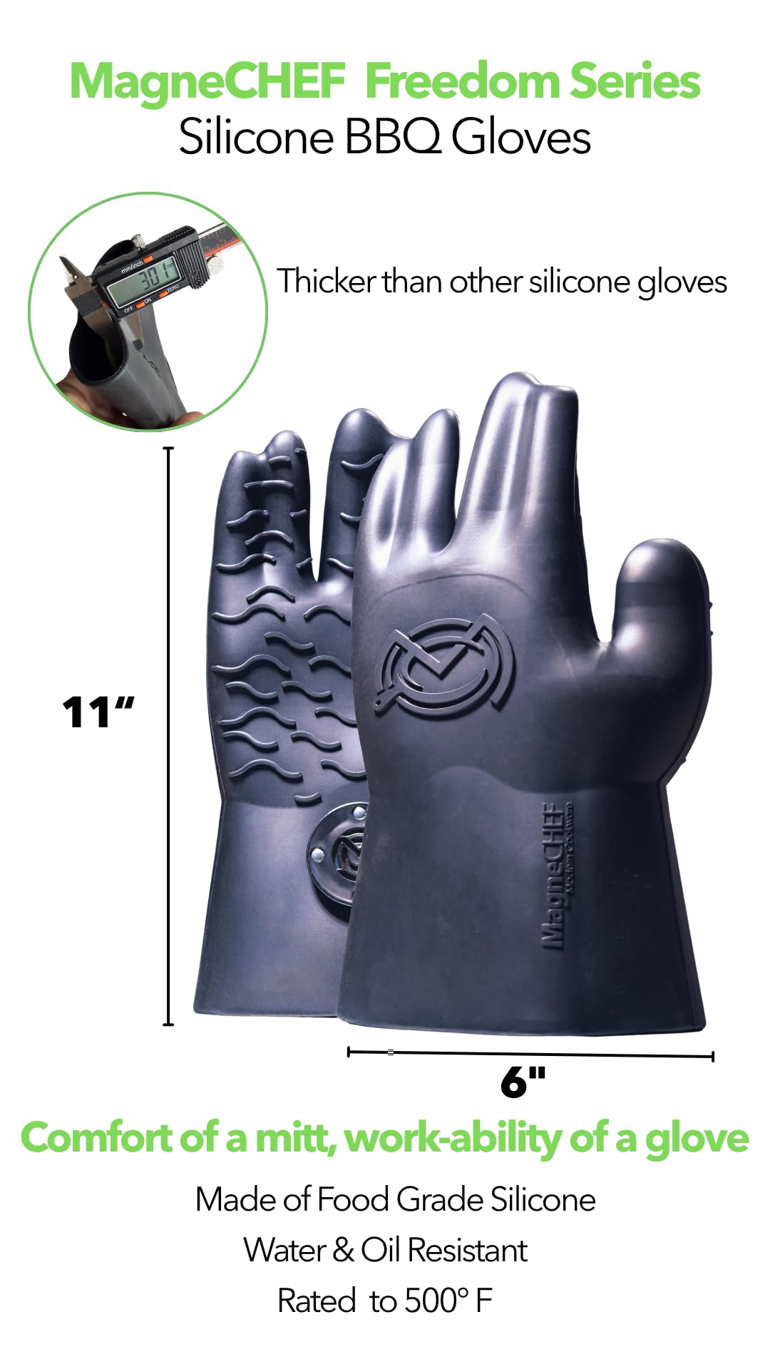 MagneChef Ez On-Ez Off Rękawica z magnesem do grillowania/rękawica opatentowana siatka na palec dopasowany; fale chwytu, odporna na wysoką temperaturę/wodę, silikonowa rękawica do gotowania klasy
