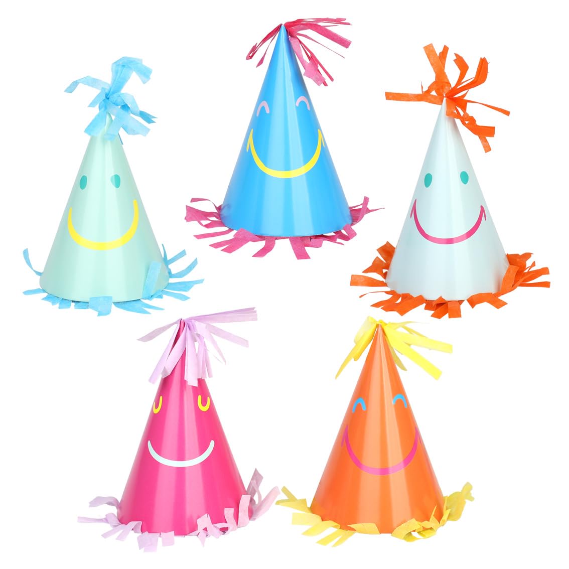 Talking Tables 5 x Happy Face Paper Party Hats, Smiley Face Cone Hats, Kids Birthday, Baby Shower, Unisex, FSC Paper, 5 Colours, Tassels, 10 cm, Pink, Orange, Blue. Gren