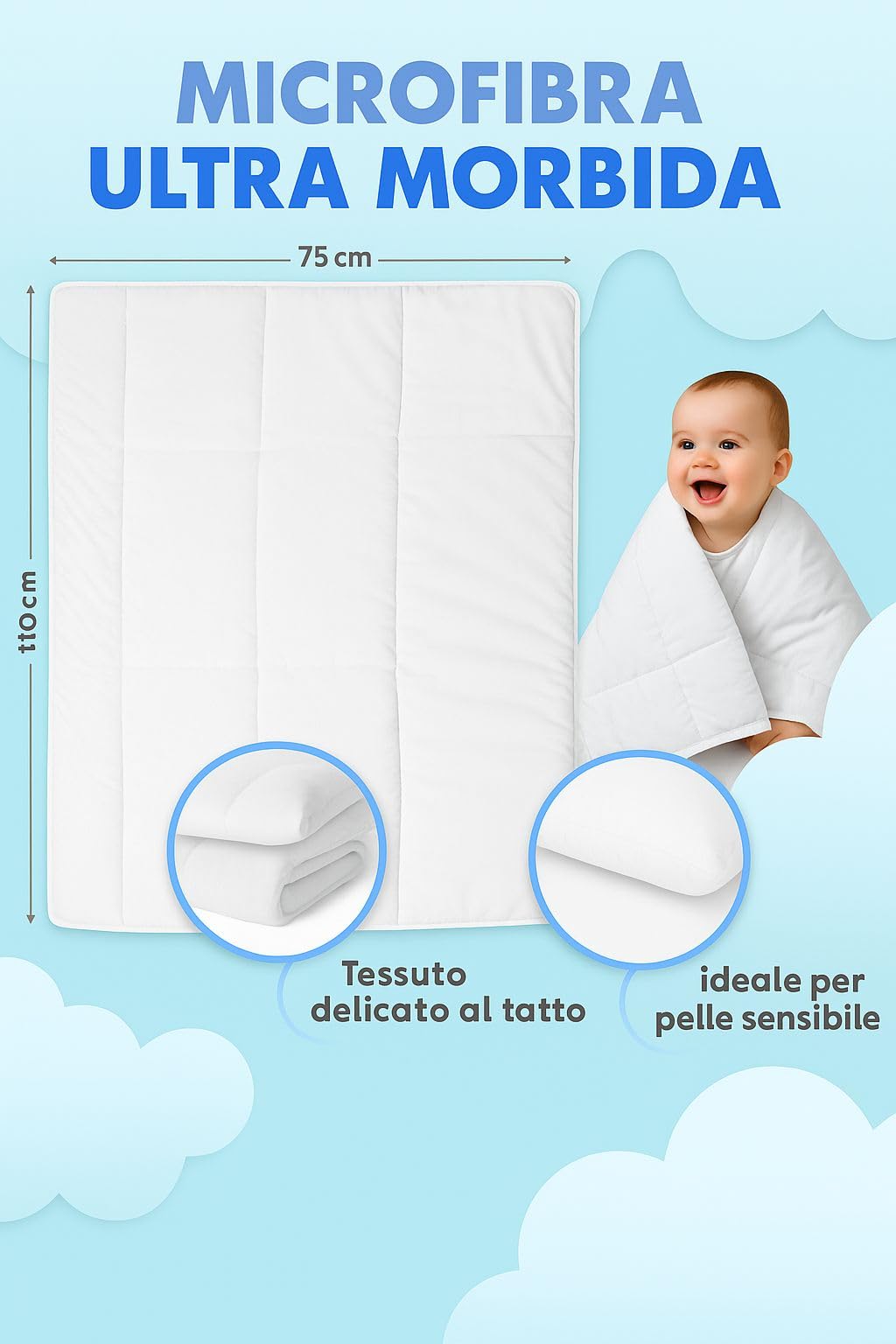 Piumino per bambino 75x110 cm per Lettino 60x120-100% Microfibra - Antiacaro, Morbido e Traspirante - Certificato OEKO-TEX® - Made in Europe - Effetto Piuma