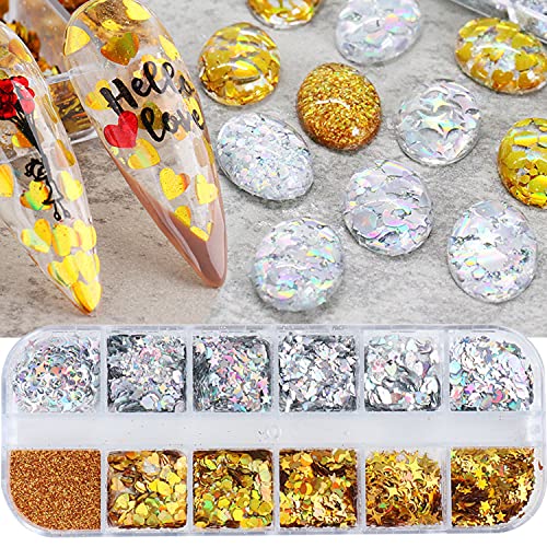 Laser Glitter Gold&Silver Nail Art Sequins Moon Star Heart Powder Shapes Nail Flakes Holographic Nails Supplies Nail Art Glitters Design For Nail Art Gel Polish Diy Sparkly Fingernail Decoration #TOP17