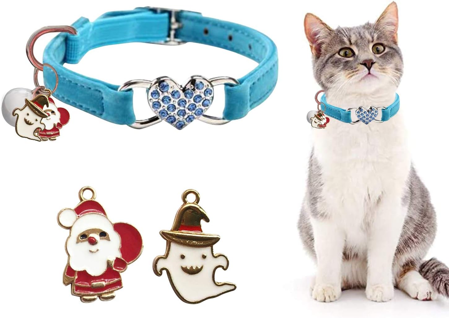 XLSFPY Cat Collar Leather with Rhinestones and Bells, Stylish Cats Collar for Kitten Chihuahua, Small Dog, Soft Velvet Cat Necklace,…