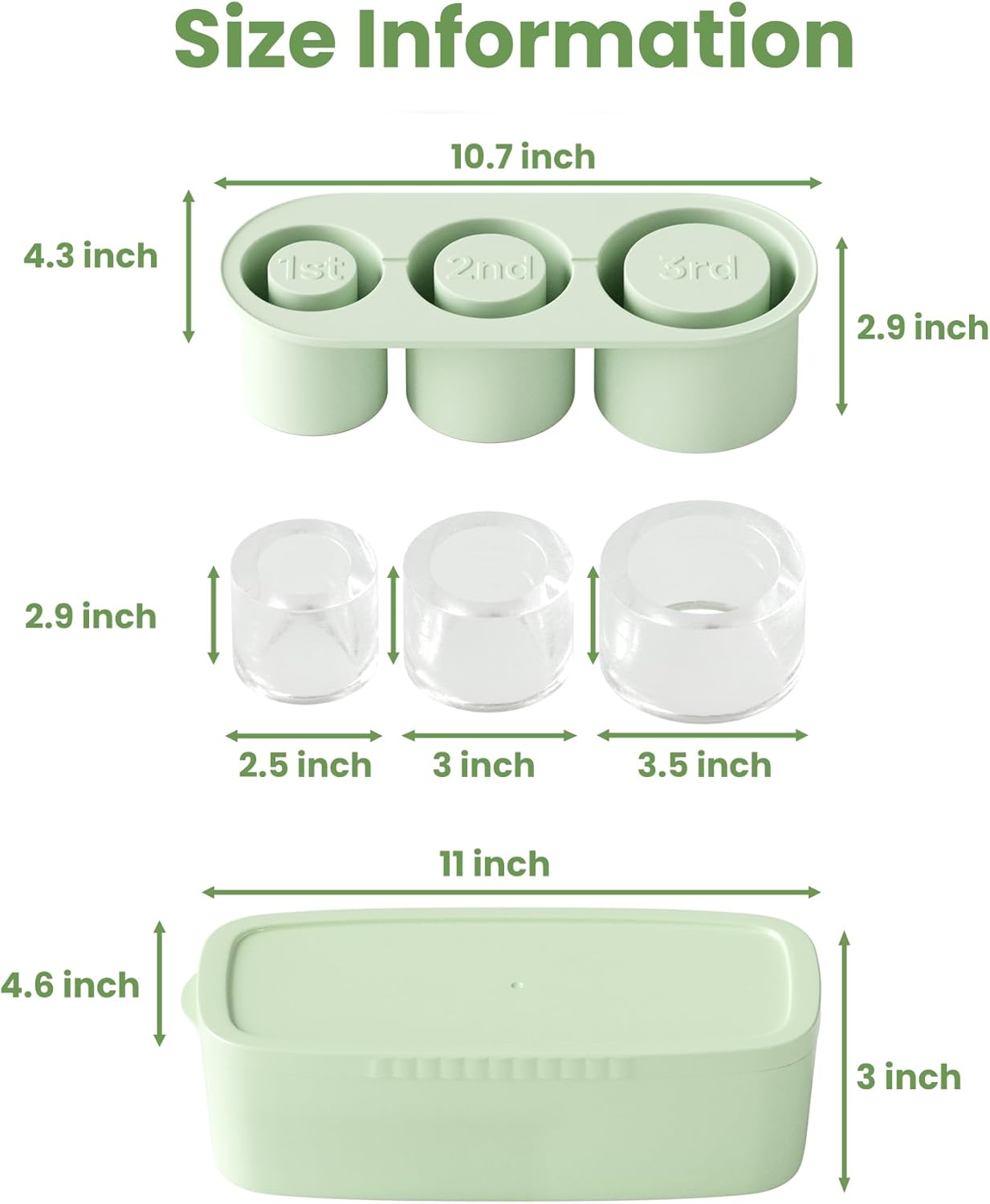 Ice Cube Tray for Tumbler Cup 30-40oz, Silicone Ice Cube Mold with Lid for Freezer, 3pcs Cylinder Ice Cube Molds BPA Free for Cocktail, Whiskey, Drinks (Green)