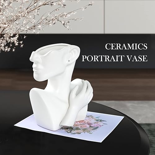 Miniatura 8 de GDYOOSHOW Floreros faciales para flores, maceta de busto, jarrón de cerámica para exhibir joyas, color blanco, 9.84 pulgadas de alto, adecuado para
