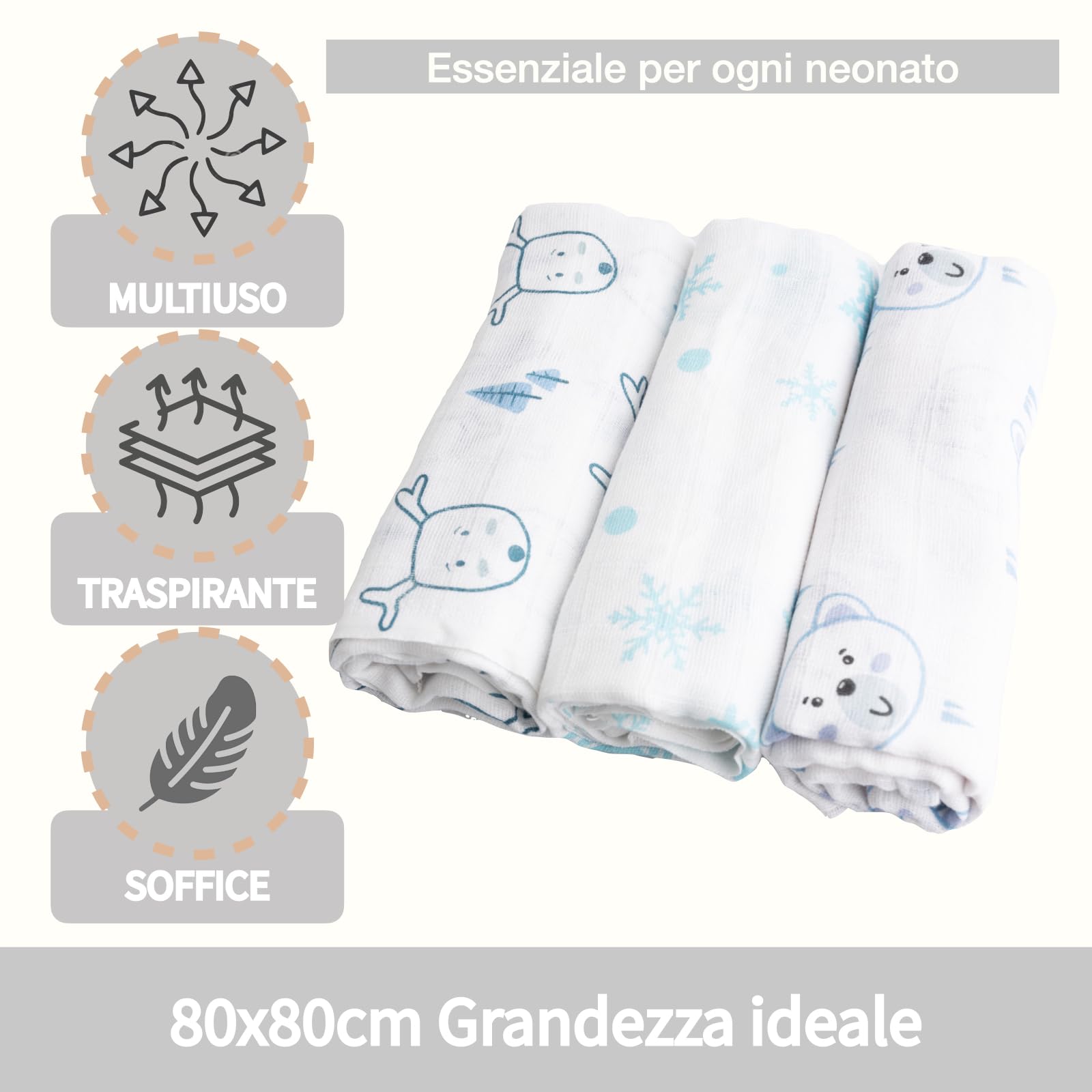 Set di 3 Mussole Neonato 80x80 cm 100% Cotone Naturale Certificato OEKO-TEX Copertina Neonato