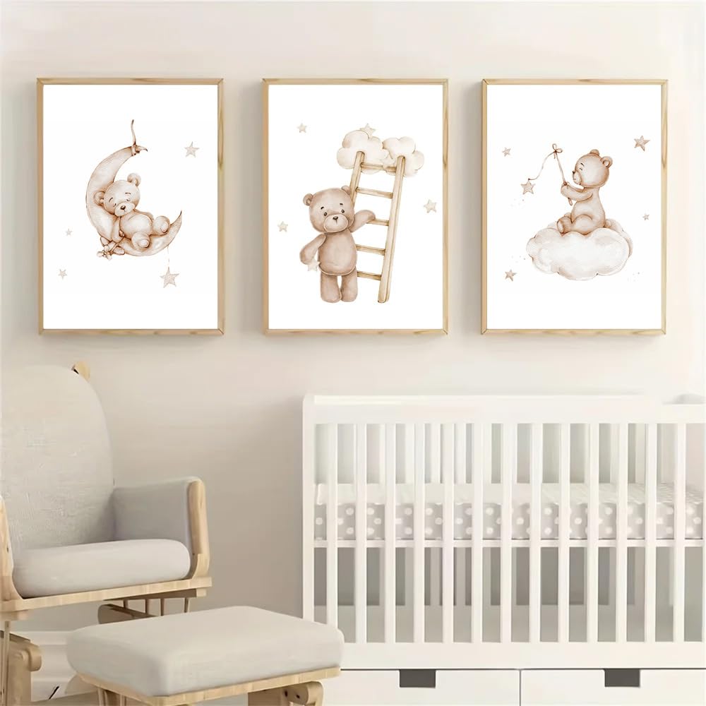 3 Laminas Oso 30X40CM Cuadros Habitacion Infantil Niño Poster Beige Lienzo Animales Bebe Laminas Decorativas Pared Infantil Cuadros Bebé Habitacion Niño Animaux Lienzo Beige Bebe Oso sin Marco