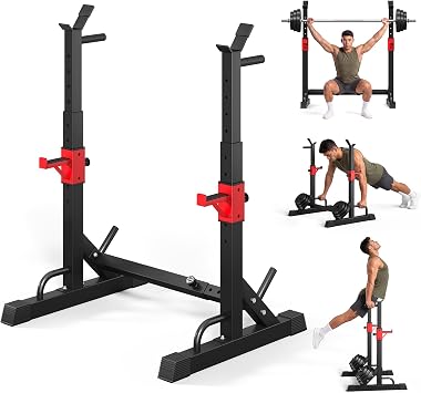 TOTEBOX Adjustable Squat Rack Barbell Stand, Heavy Duty Bench Press Rack with Push up Bracket, Spotter Arm and Dipping Bar, Multi-function Gym Equipment for Weight Lifting, Dip, Push-up