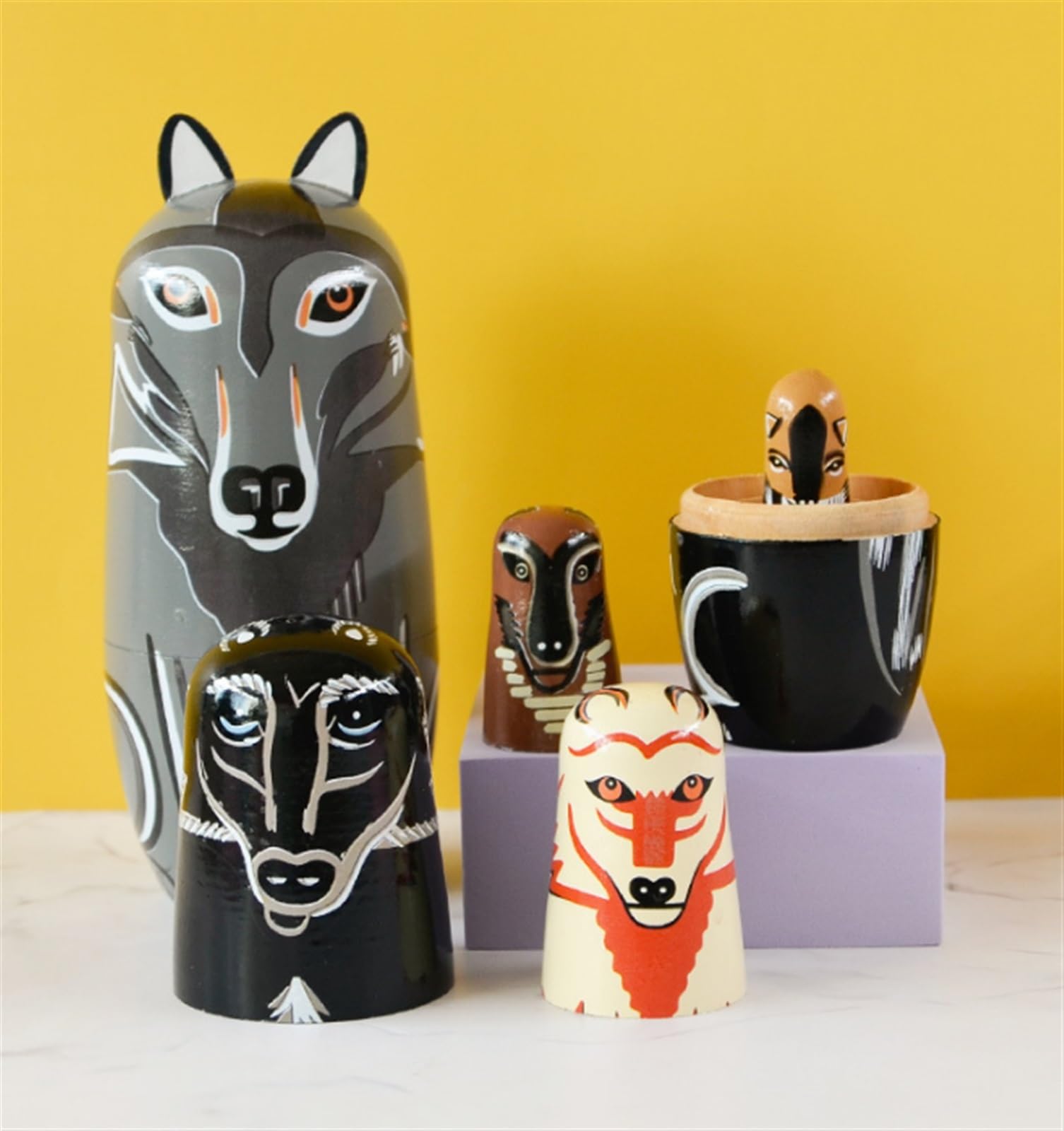Matrioszki Matrioszka Lalka Rosyjska Rosyjskie Lalki Gniazdujące Układające Drewniane, Ręcznie Robione Lalki Matryoshka W Kształcie Wilka, 5-częściowe Urocze Zwierzę Z Kreskówek Rosyjskich Lalek Rosyj