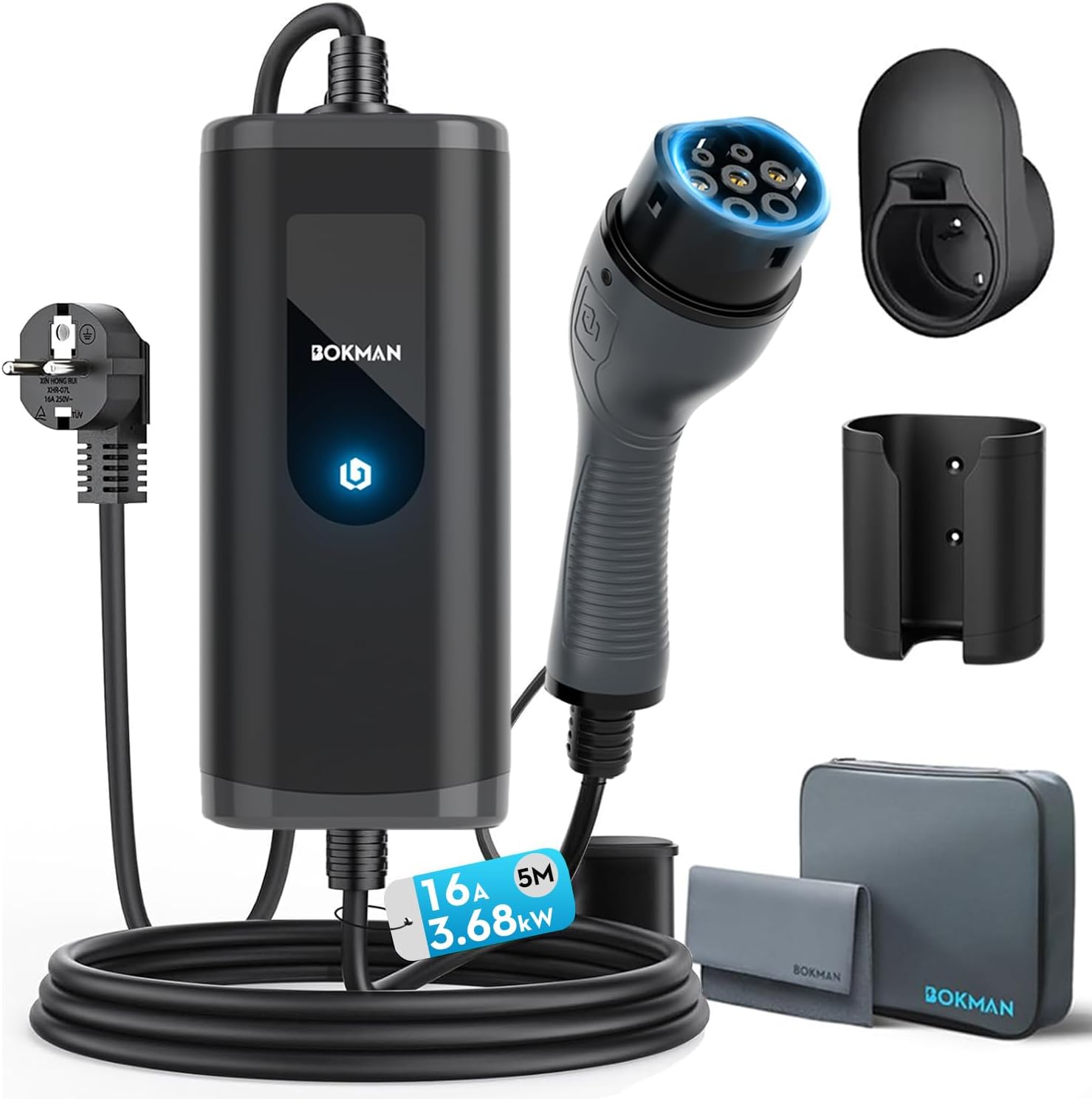 bokman Colonnina Ricarica Auto Elettrica, 5 Metri,16A, 3,68kW Wall Box Tipo 2 Caricabatterie EV con Spina Schuko Compatibile con Model Y/3, 500e, e-208 e Altri EV/PHEV