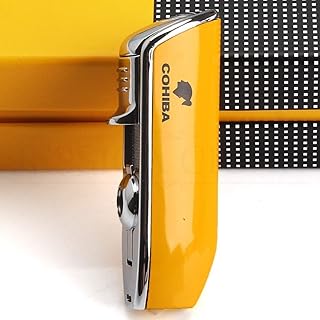 KEPTFIT Windproof Torch Lighter, Triple Jet Flame Torch Lighters, Metal Butane Refillable Gas Lighters with Punch and Gift Box, (Without Butane) (Classic Yellow)