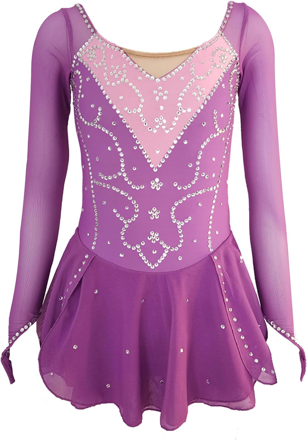 Girl's Purple Ice Figure Skating Skirt Long Sleeved Professional Competition Performance Clothing