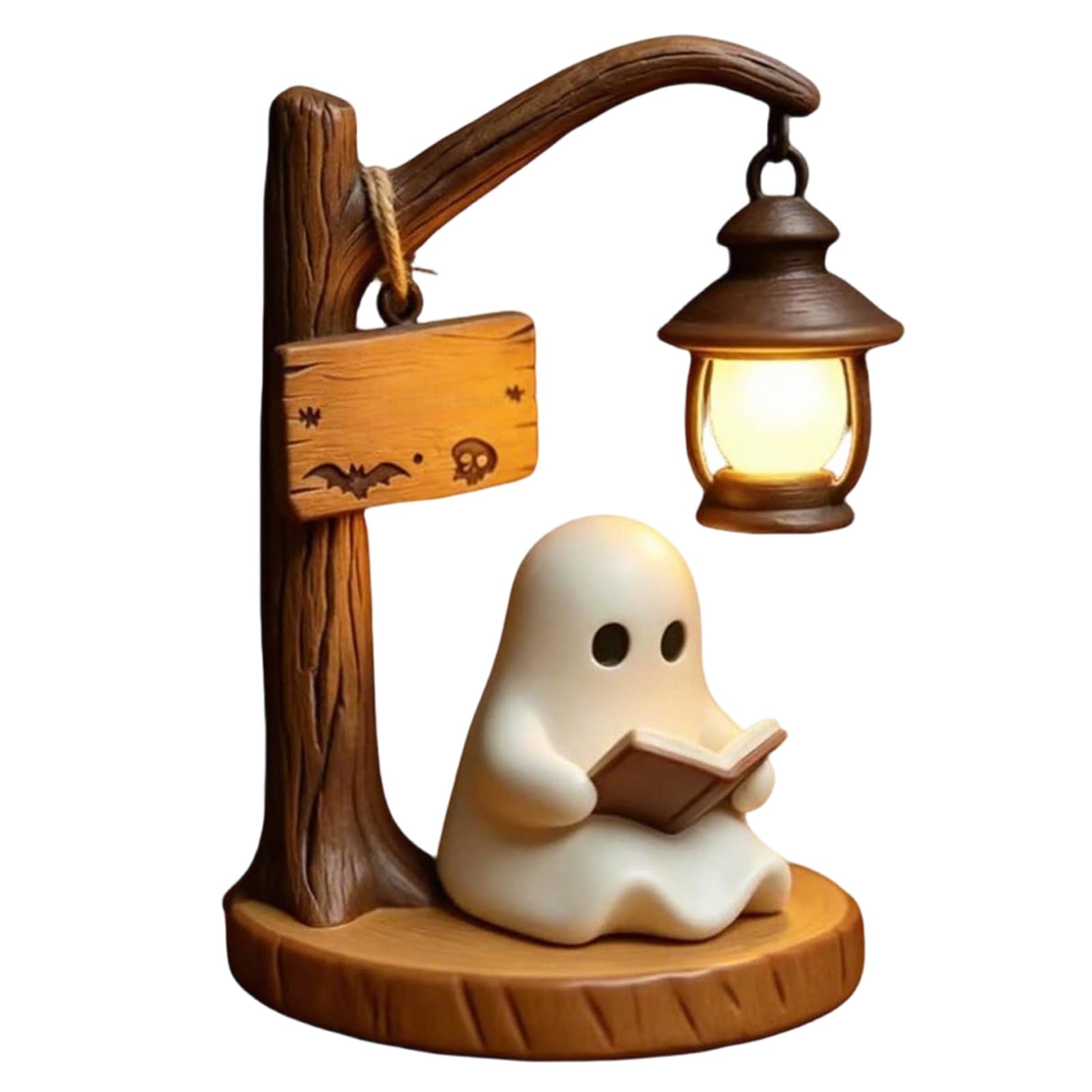 Cute Ghost Reading Lantern, Halloween Ghost Reading Book Lamps, 3D Resin Ghosts Figurine Night Light for Indoor Desk Mantel Halloween Party Decor, Holiday Tabletop Ornaments
