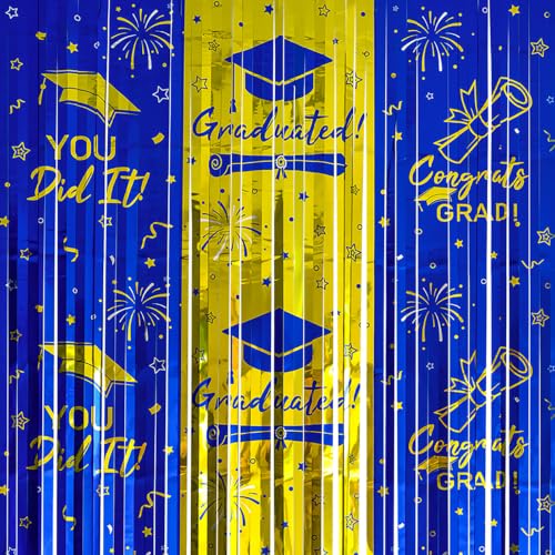 2 Pack Blue Gold Graduation Foil Fringe Curtain Backdrop, 3.3 x 6.56 FT Tinsel Streamer with Graduation Cap Print, Class of Party Decorations Photo Booth Backdrop for Grad Party Supplies by Pizzazzpulse - Used condition - Image 9