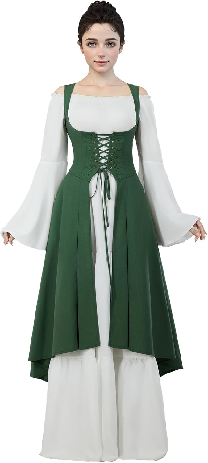 Renaissance Dress Outfit Medieval Costume Elf Cosplay Green Outer Garment