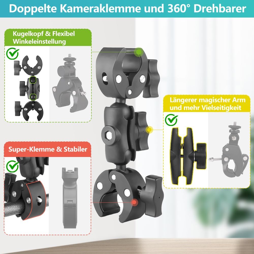 Pince Double JEBUTU - Support Universel Avec Double Rotule 360° Pour Photo, Vidéo Et Moto
